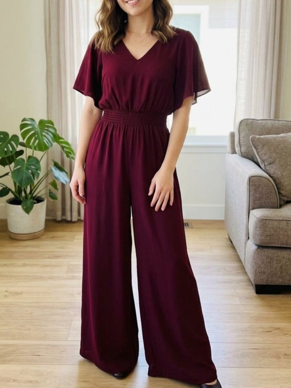 Vince Camuto Burgundy Crisp Merlot Flutter Sleeve Smocked Waist Jumpsuit Size Sm